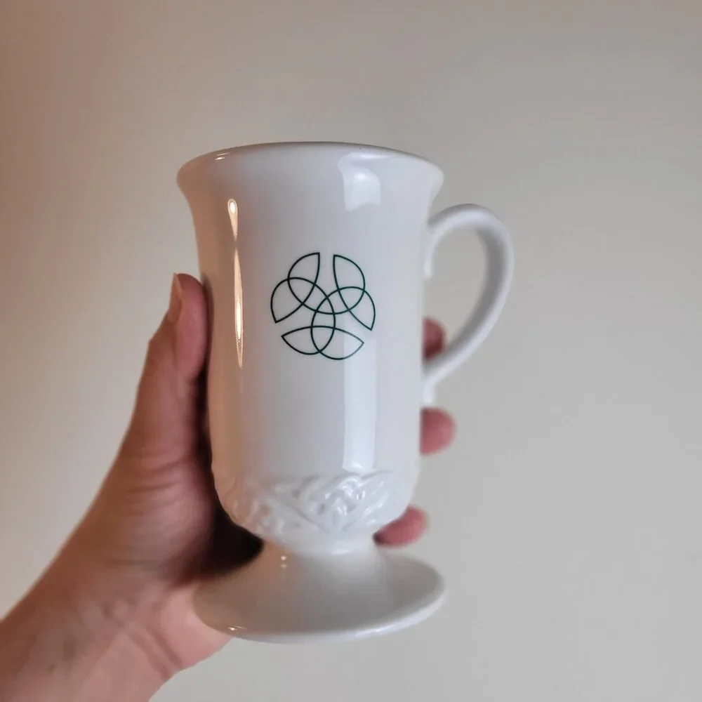 Vintage Russ Celtic Blessings Mug Stoneware Coffee White #29259 pedestal trinity